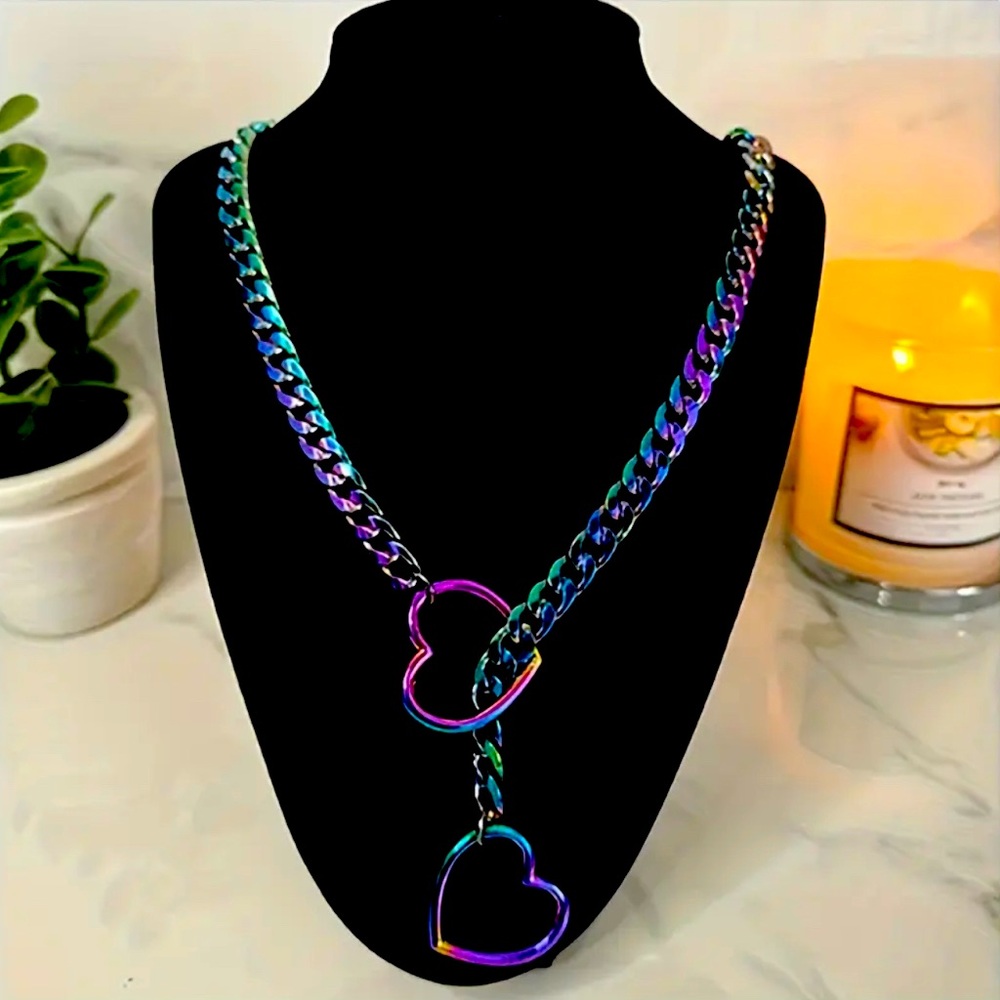 Chic Y2K-Inspired Heart & O-Shaped Pendant Necklace - Adjustable Titanium Steel - Picture 1 of 3